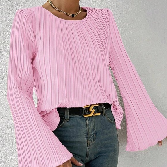 Baby Pink Boho Womens Solid Lettuce Trim Plisse Trumpet Sleeve Blouse - Picture 4 of 5